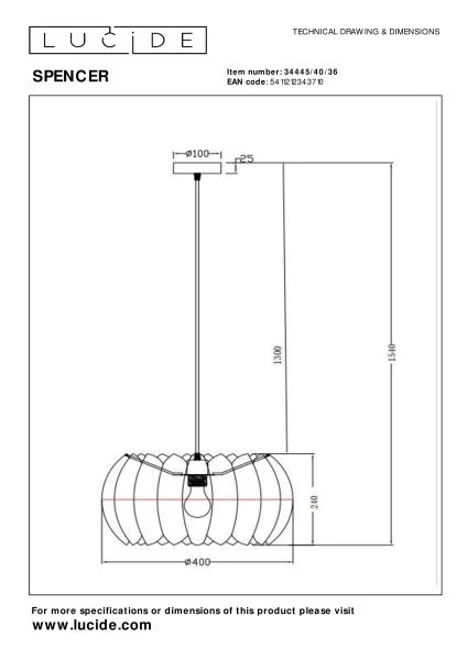 Lucide SPENCER - Lámpara colgante - Ø 40 cm - 1xE27 - Gris - técnico